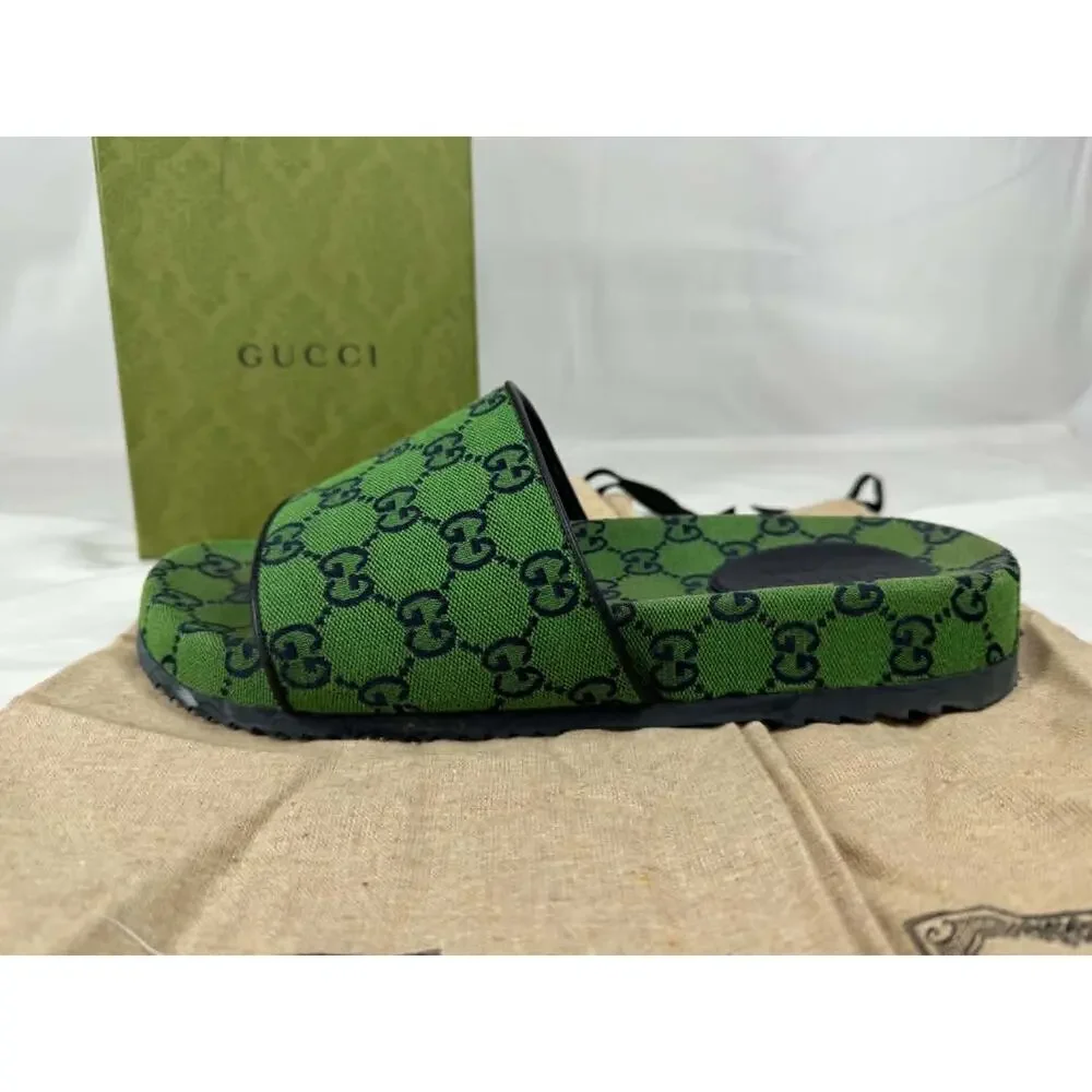 Gucci GG Monogram Sandals 665660 Green Canvas Mens US 9.5 SPB-TS 340692